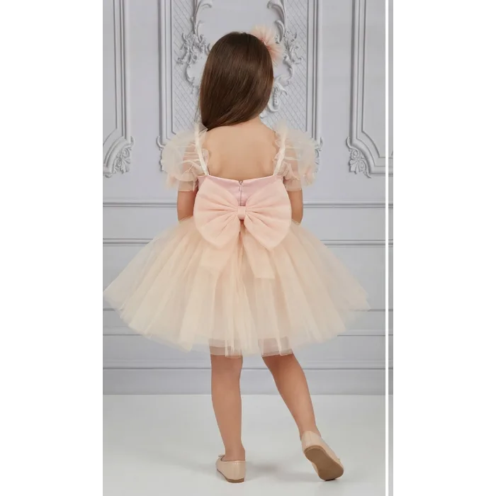 Kız Çocuk Somon Kalp Detaylı Kısa Balon Kol Kabarık Elbise