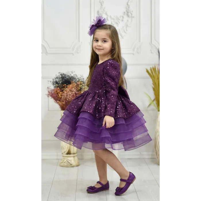 Kız Çocuk Mürdüm Payetli Uzun Kol Elbise Gren Etekli