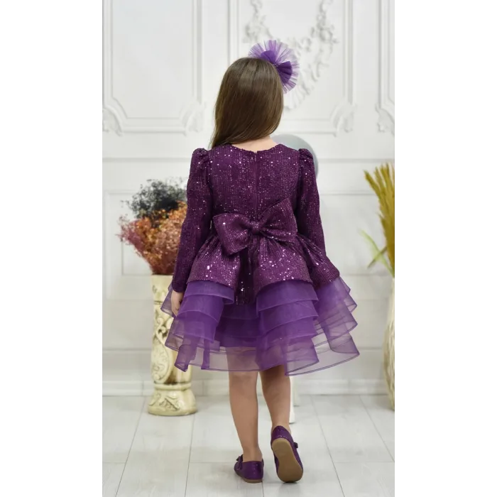 Kız Çocuk Mürdüm Payetli Uzun Kol Elbise Gren Etekli