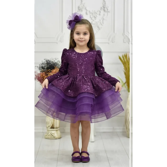 Kız Çocuk Mürdüm Payetli Uzun Kol Elbise Gren Etekli