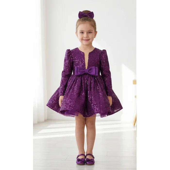 Kız Çocuk Mürdüm Payetli Ön Dekolteli Kol Tüy Detaylı Uzun Kol Kabarık Elbise