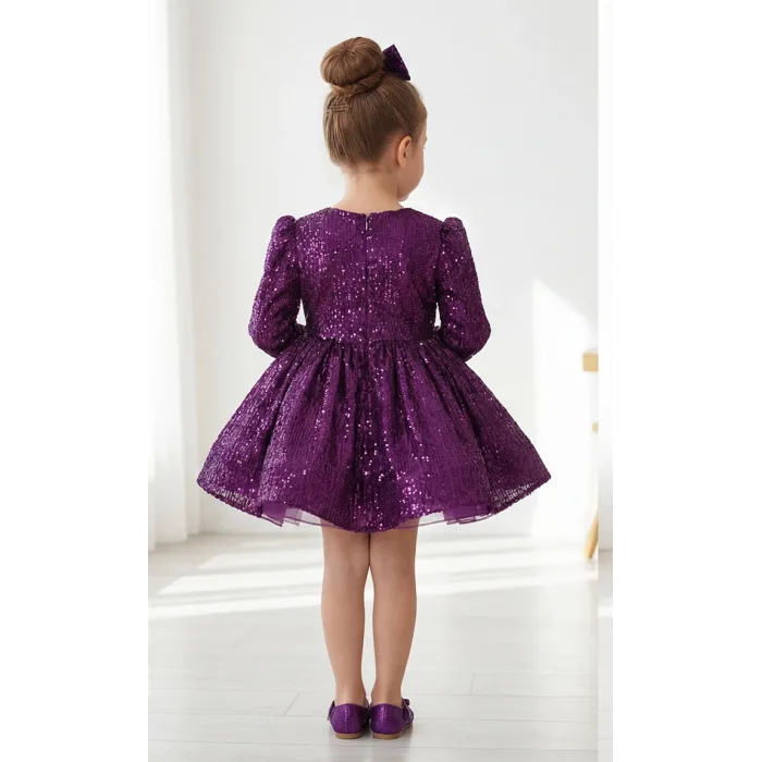 Kız Çocuk Mürdüm Payetli Ön Dekolteli Kol Tüy Detaylı Uzun Kol Kabarık Elbise