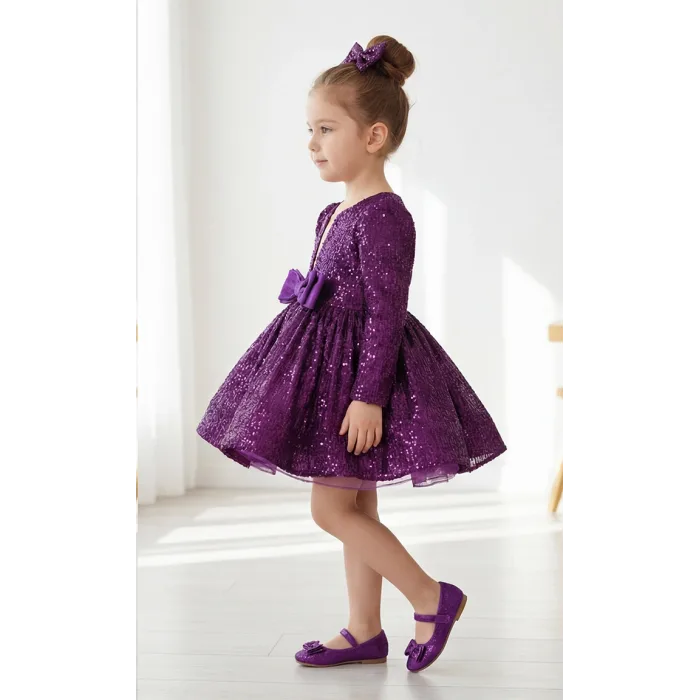 Kız Çocuk Mürdüm Payetli Ön Dekolteli Kol Tüy Detaylı Uzun Kol Kabarık Elbise