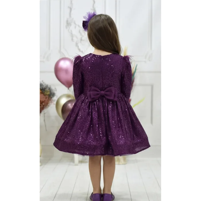 Kız Çocuk Mürdüm Payetli Omuz Tül Detaylı Kabarık Elbise