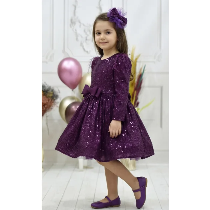 Kız Çocuk Mürdüm Payetli Omuz Tül Detaylı Kabarık Elbise