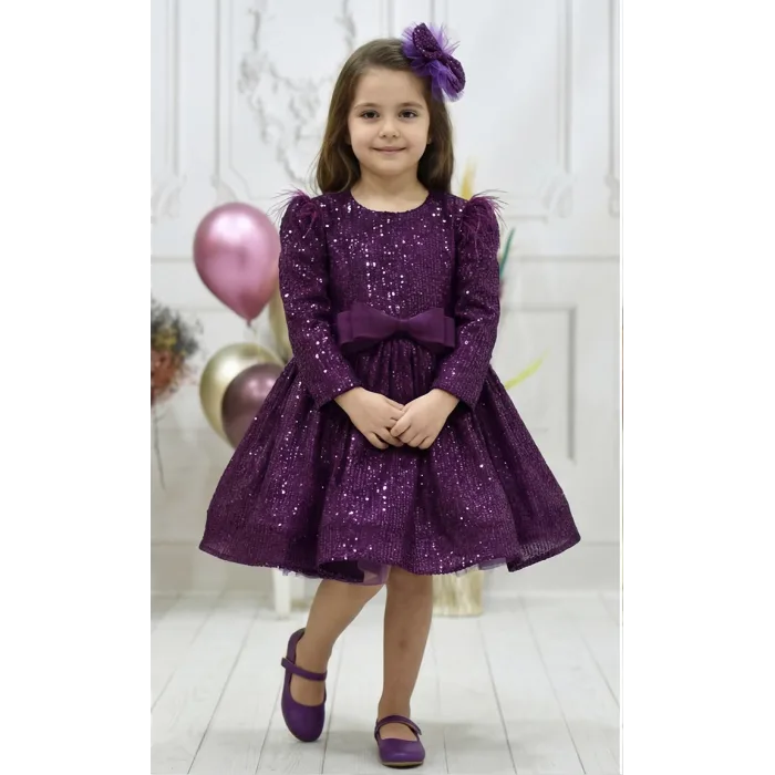 Kız Çocuk Mürdüm Payetli Omuz Tül Detaylı Kabarık Elbise