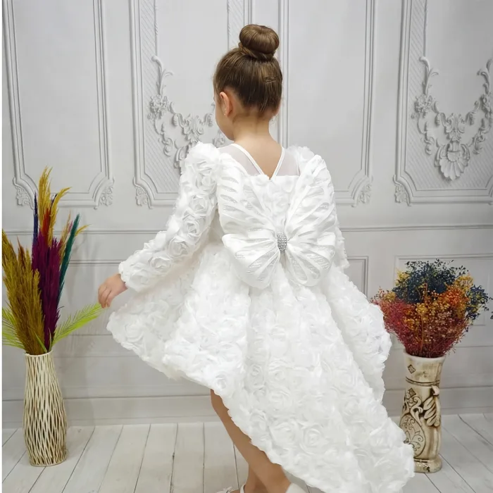 Beyaz Güllü + Kelebek seti Yaka Askılı Uzun Kol Elbise Abiye Gelinlik