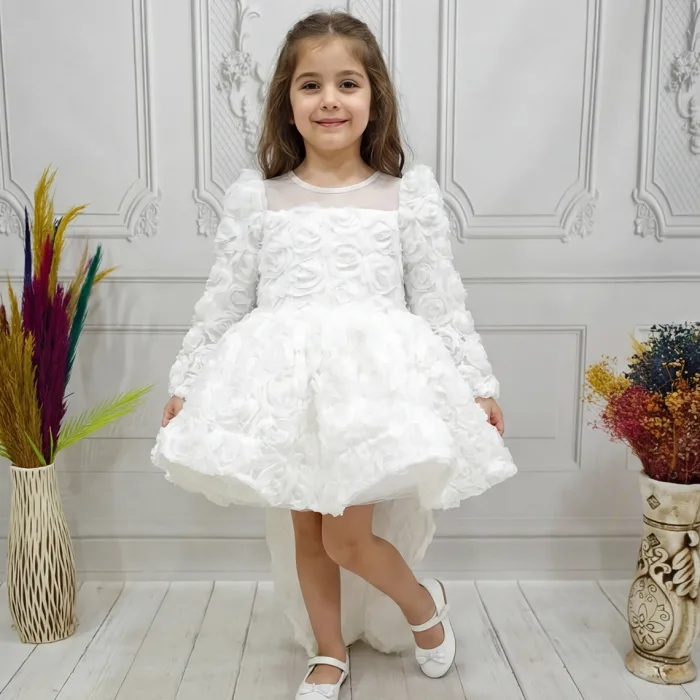 Beyaz Güllü + Kelebek seti Yaka Askılı Uzun Kol Elbise Abiye Gelinlik