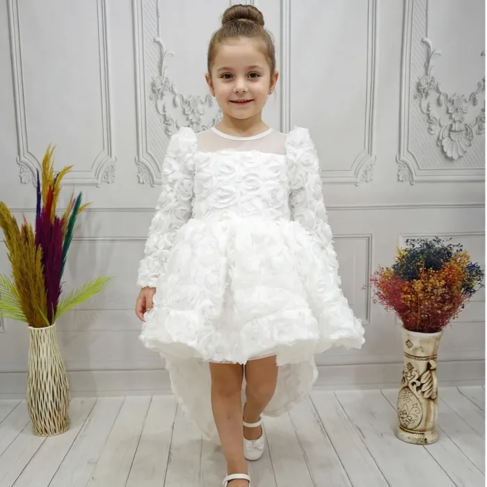 Beyaz Güllü + Kelebek seti Yaka Askılı Uzun Kol Elbise Abiye Gelinlik