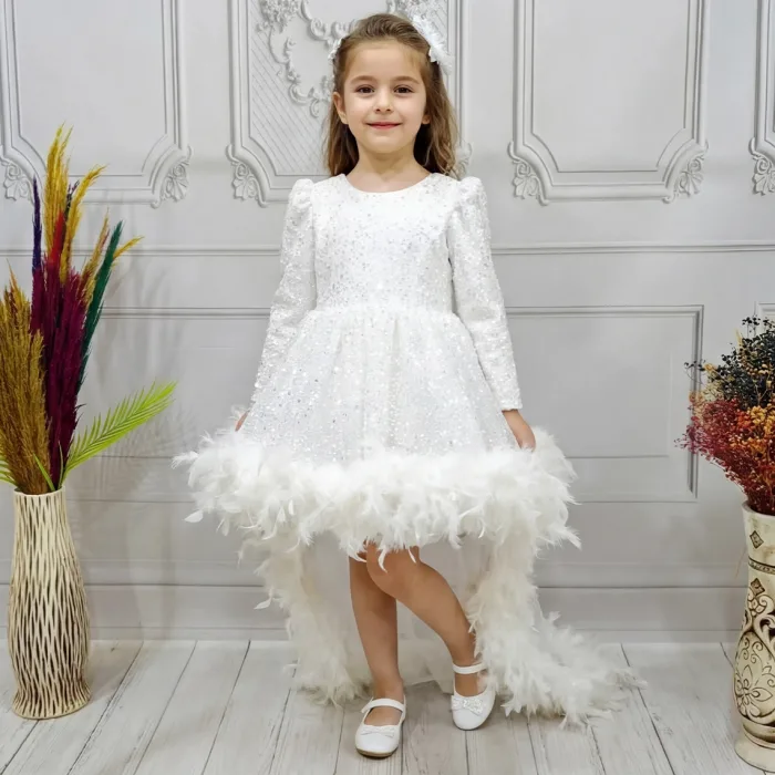 Beyaz Taşlı Boncuklu Kuyruklu Uzun Kol Elbise Abiye Gelinlik