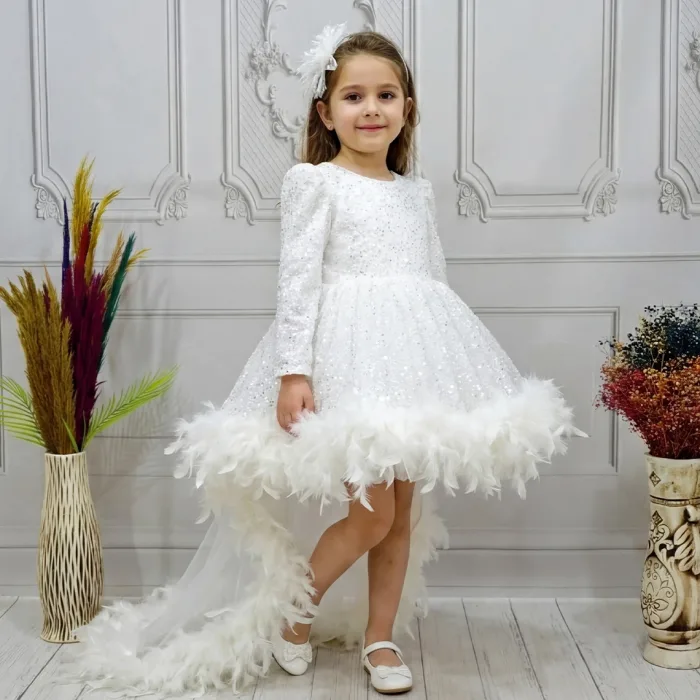 Beyaz Taşlı Boncuklu Kuyruklu Uzun Kol Elbise Abiye Gelinlik