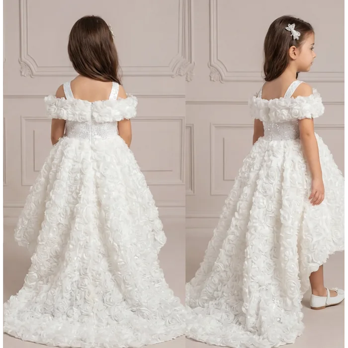 Beyaz Gül Desenli Madonna Yaka Askılı Kol Elbise Abiye