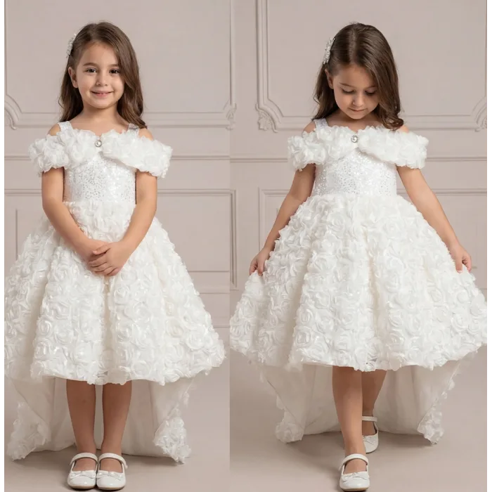 Beyaz Gül Desenli Madonna Yaka Askılı Kol Elbise Abiye