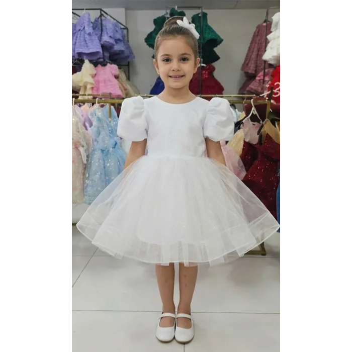 Beyaz Parıltılı Kısa Kol Arkası V Elbise abiye Gelinlik