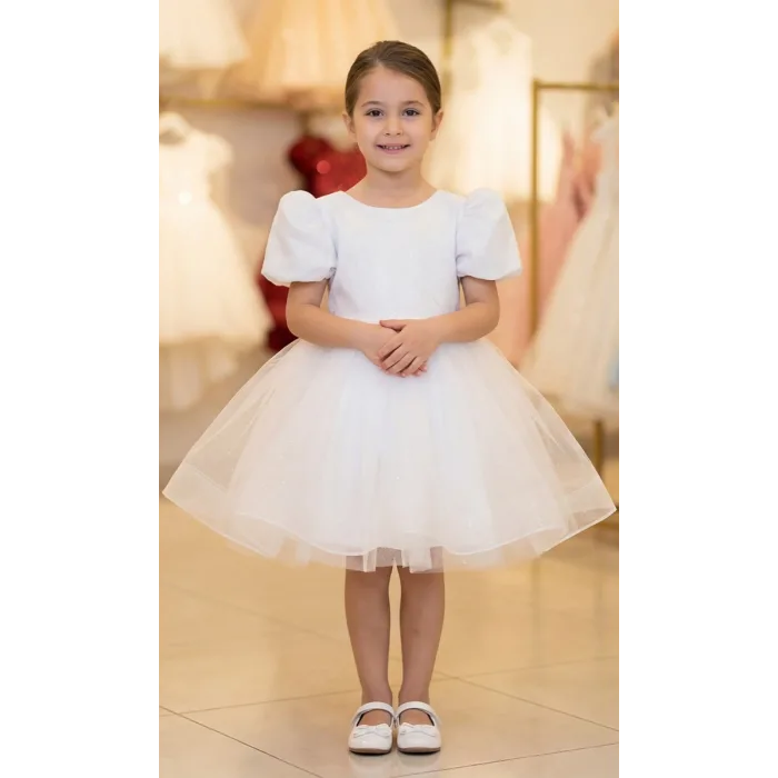 Beyaz Parıltılı Kısa Kol Arkası V Elbise abiye Gelinlik