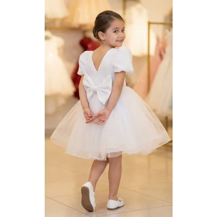 Beyaz Parıltılı Kısa Kol Arkası V Elbise abiye Gelinlik