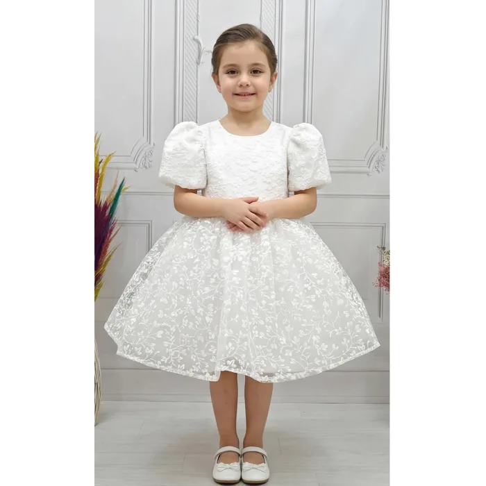 Kız Çocuk Beyaz Desenli Kabarık Elbise
