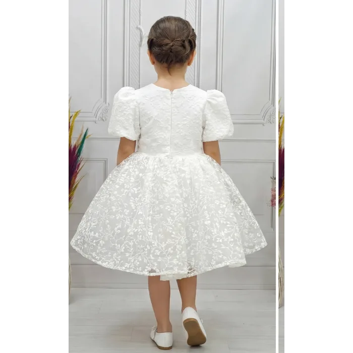 Kız Çocuk Beyaz Desenli Kabarık Elbise