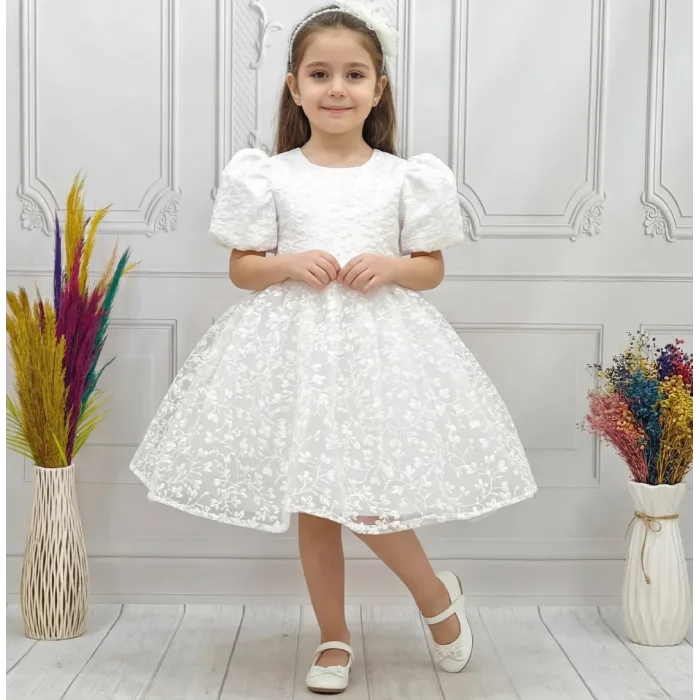 Kız Çocuk Beyaz Desenli Kabarık Elbise