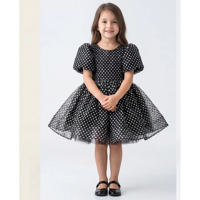 Siyah Beyaz Noktalı Parıltılı Kabarık Elbise (SİM DÖKER)
