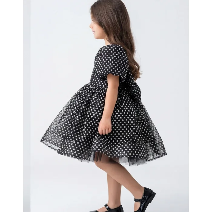 Siyah Beyaz Noktalı Parıltılı Kabarık Elbise (SİM DÖKER)