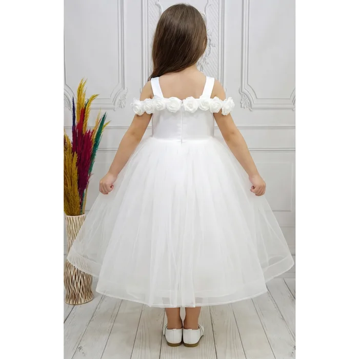 Kız Çocuk Beyaz Gül işleme Elbise Abiye Gelinlik