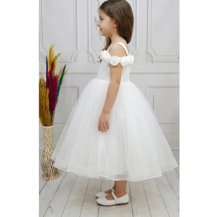 Kız Çocuk Beyaz Gül işleme Elbise Abiye Gelinlik