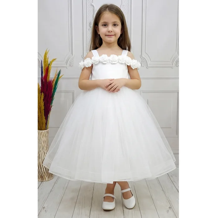Kız Çocuk Beyaz Gül işleme Elbise Abiye Gelinlik