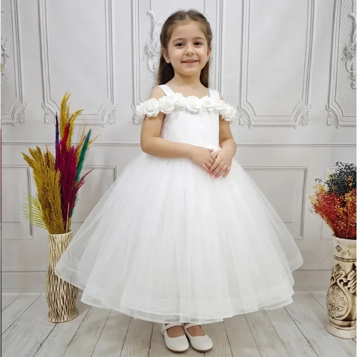 Kız Çocuk Beyaz Gül işleme Elbise Abiye Gelinlik