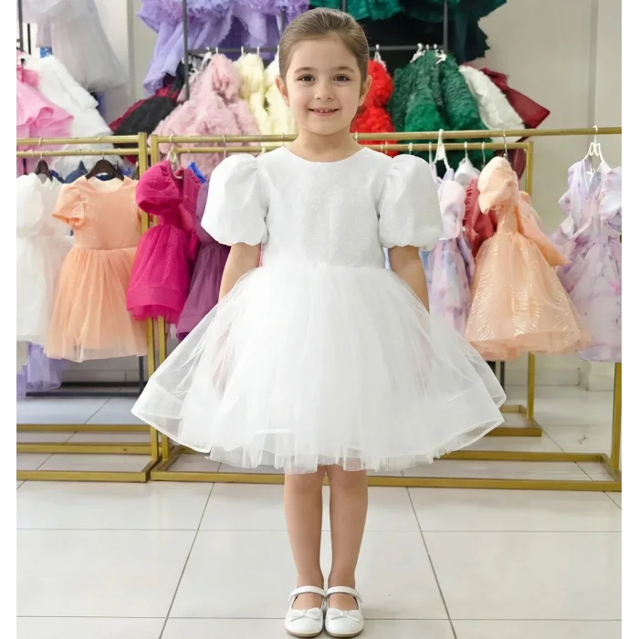 Beyaz Parıltılı Tütülü Kısa Kol Elbise Abiye Gelinlik