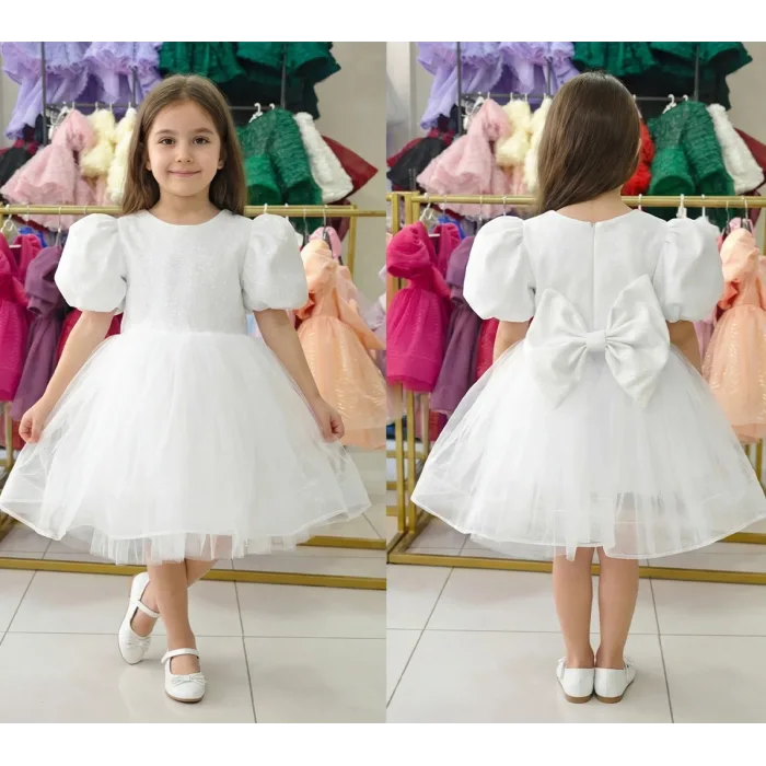 Beyaz Parıltılı Tütülü Kısa Kol Elbise Abiye Gelinlik