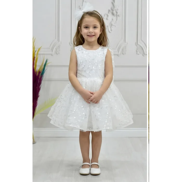 Kız Çocuk Beyaz Boncuklu Payetli Kısa Balon Kol Taşlı Boncuklu Elbise