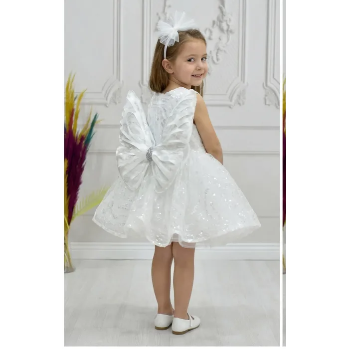 Kız Çocuk Beyaz Boncuklu Payetli Kısa Balon Kol Taşlı Boncuklu Elbise