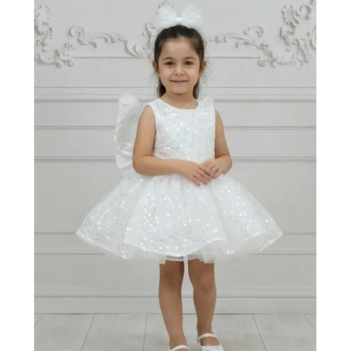 Kız Çocuk Beyaz Boncuklu Payetli Kısa Balon Kol Taşlı Boncuklu Elbise