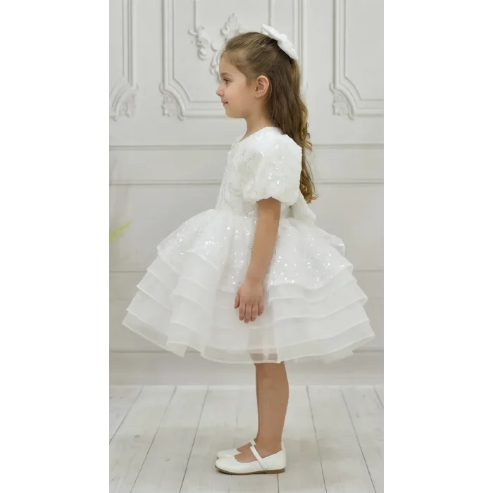 Kız Çocuk Beyaz Boncuklu Payetli Kısa Balon Kol Taşlı Boncuklu Elbise