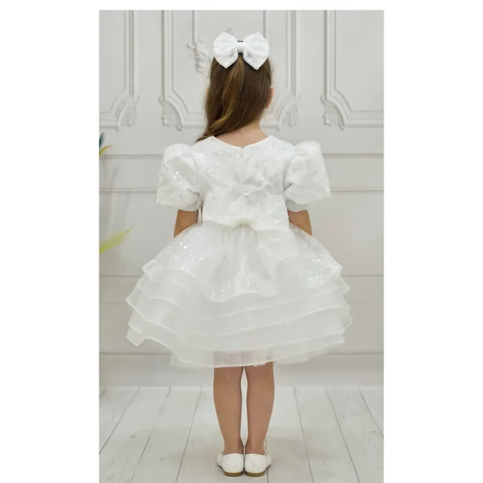 Kız Çocuk Beyaz Boncuklu Payetli Kısa Balon Kol Taşlı Boncuklu Elbise