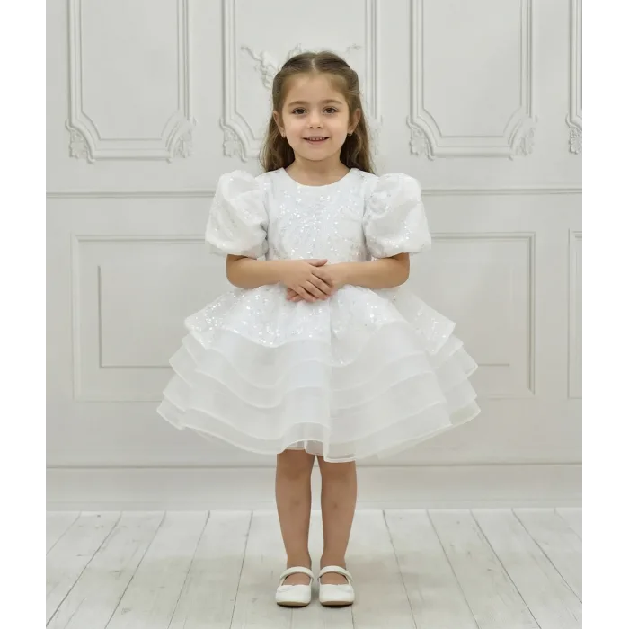 Kız Çocuk Beyaz Boncuklu Payetli Kısa Balon Kol Taşlı Boncuklu Elbise