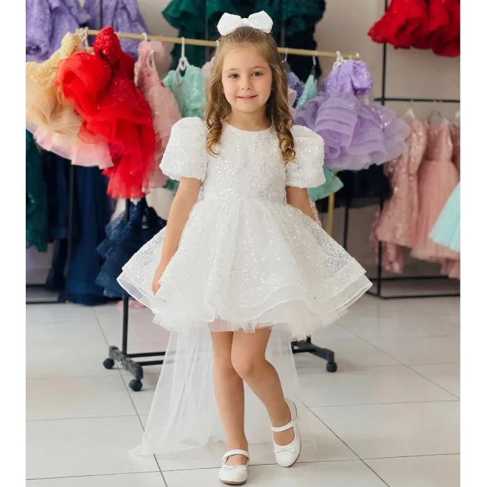 Kız Çocuk Beyaz Boncuklu Kuyruklu Abiye Elbise Gelinllk