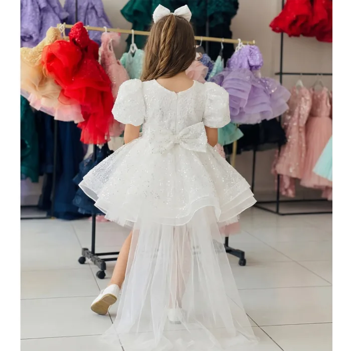 Kız Çocuk Beyaz Boncuklu Kuyruklu Abiye Elbise Gelinllk