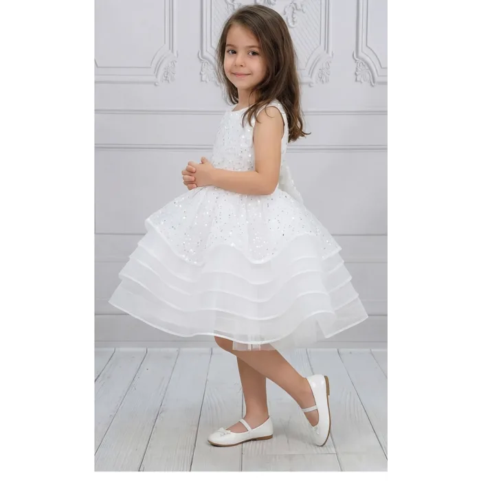Kız Çocuk Beyaz Taşlı Boncuklu Payetli Sıfır Kol Elbise