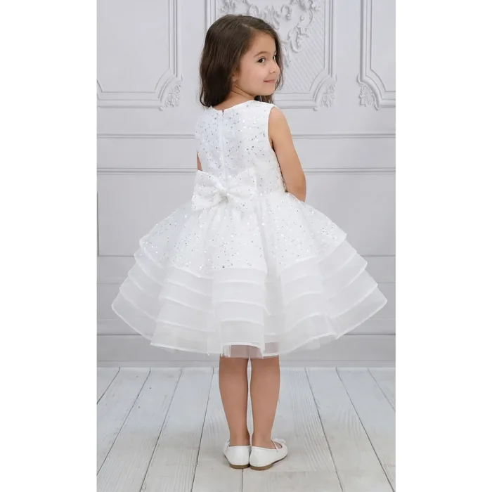 Kız Çocuk Beyaz Taşlı Boncuklu Payetli Sıfır Kol Elbise
