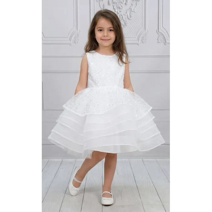 Kız Çocuk Beyaz Taşlı Boncuklu Payetli Sıfır Kol Elbise