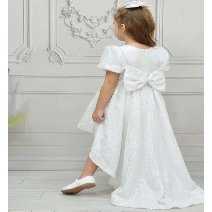 Kız Çocuk Beyaz Boncuklu Payetli Kuyruklu Kabarık Elbise