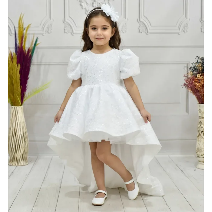 Kız Çocuk Beyaz Boncuklu Payetli Kuyruklu Kabarık Elbise