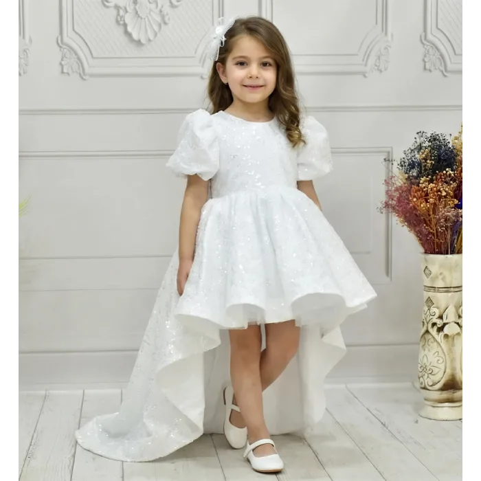 Kız Çocuk Beyaz Boncuklu Payetli Kuyruklu Kabarık Elbise