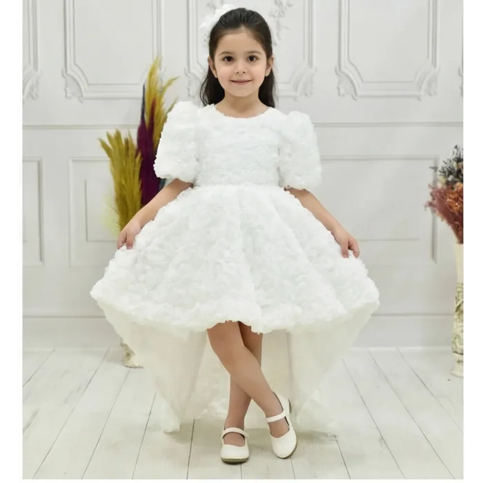 Kız Çocuk Beyaz Arkası V Yaka Gül Desenli Kısa Balon Kol Elbise Abiye