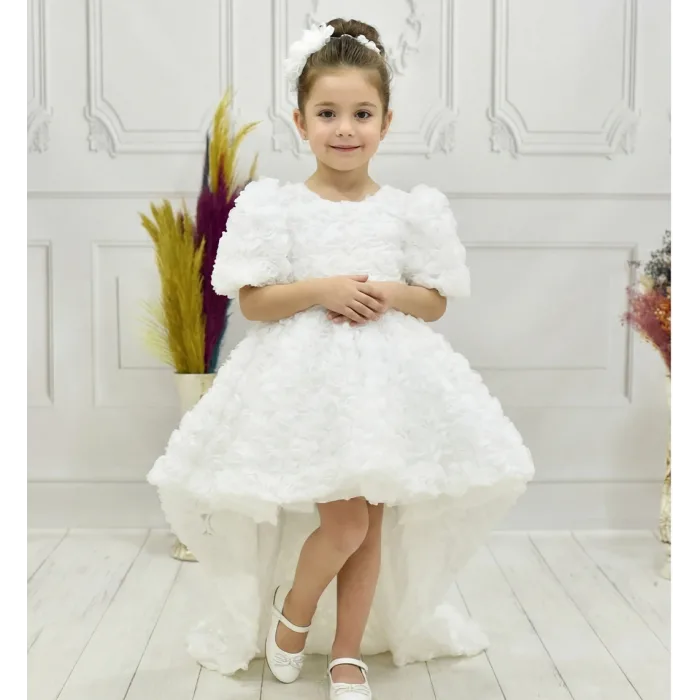 Kız Çocuk Beyaz Arkası V Yaka Gül Desenli Kısa Balon Kol Elbise Abiye