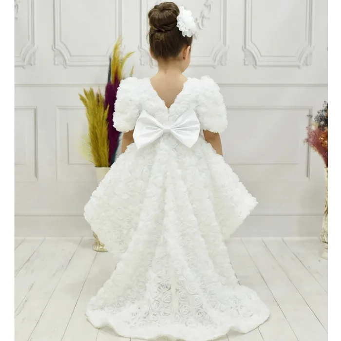 Kız Çocuk Beyaz Arkası V Yaka Gül Desenli Kısa Balon Kol Elbise Abiye