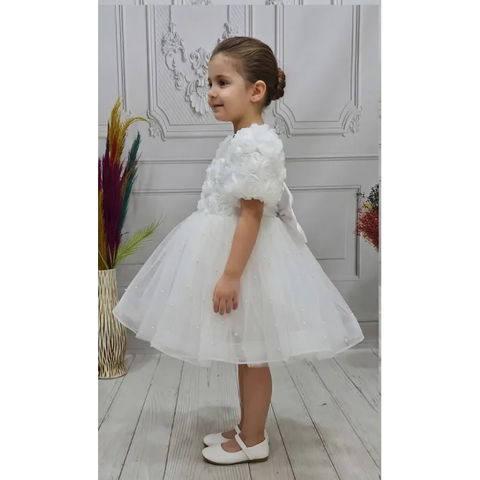 Kız Çocuk Beyaz Güllü incili Etek Detaylı Abiye Elbise