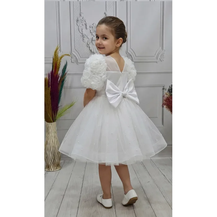 Kız Çocuk Beyaz Güllü incili Etek Detaylı Abiye Elbise